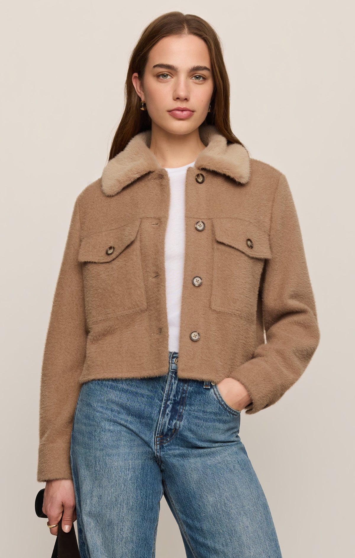 Rawtrees Peyton cropped boxy jacket in classic camel with faux fur collar and oversized patch pockets